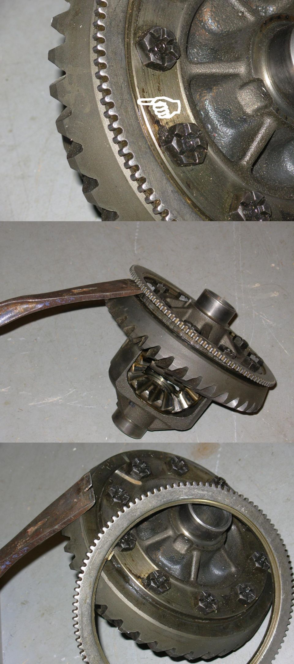 Three views of an open differential carrier ring gear and spider gears