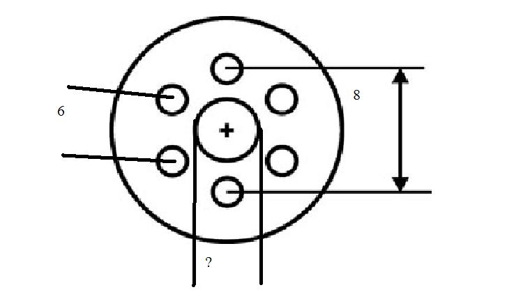 Hand-drawn diagram of a six-lug wheel bolt pattern with hub bore and dimension callouts