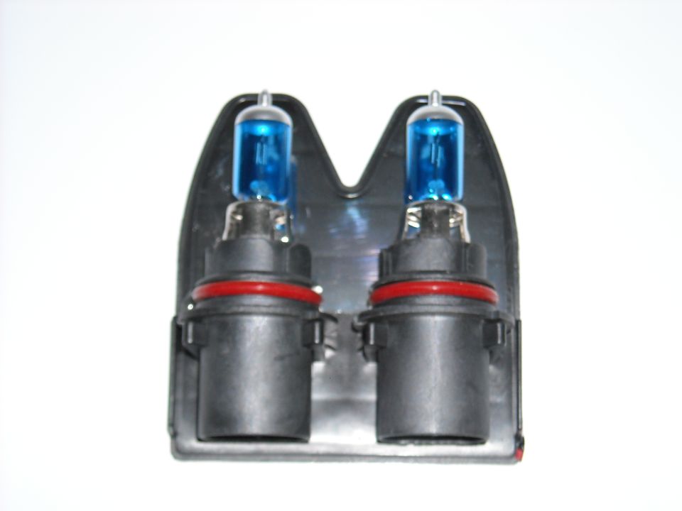 Two blue automotive headlight bulbs in a black holder