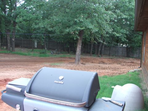 2005 Ford Mustang - A charcoal grill is in the foreground with a backyard scene behind it. The backyard has a dirt area with tire tracks, a wooden fence, and t…