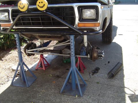 1978 Ford Bronco - Got it up on jackstands today to start fixing some things. It only has 4 degree bushings, and needs 7, and I am going to cut a coil.