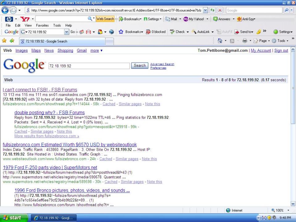 Google search results for 72.18.199.92, showing forum posts and website links