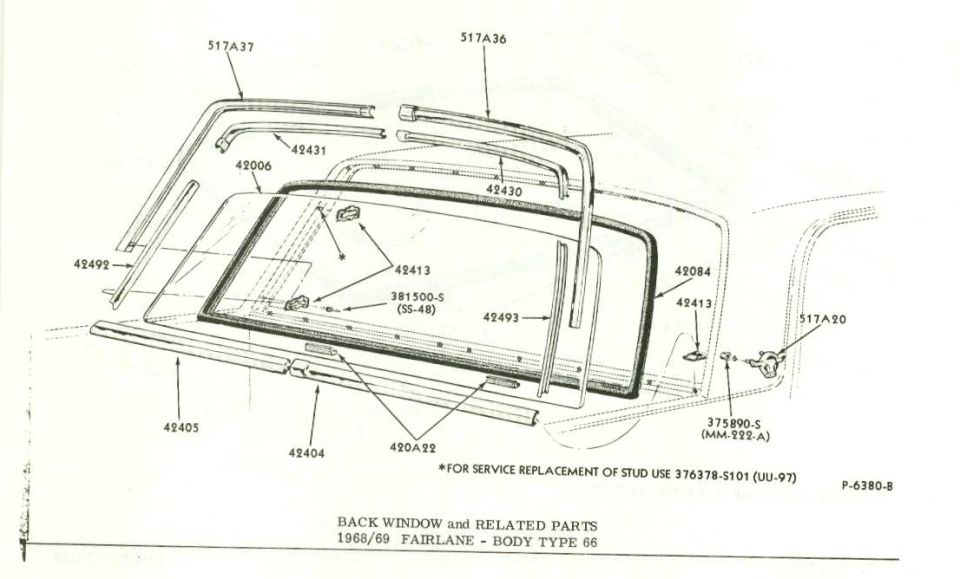 Ford parts diagram of back window and related parts for 1968/69 Fairlane