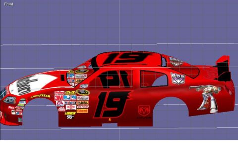 2004 Jeep Wrangler - Side view of a red race car with the number 19 prominently displayed and numerous sponsor decals.