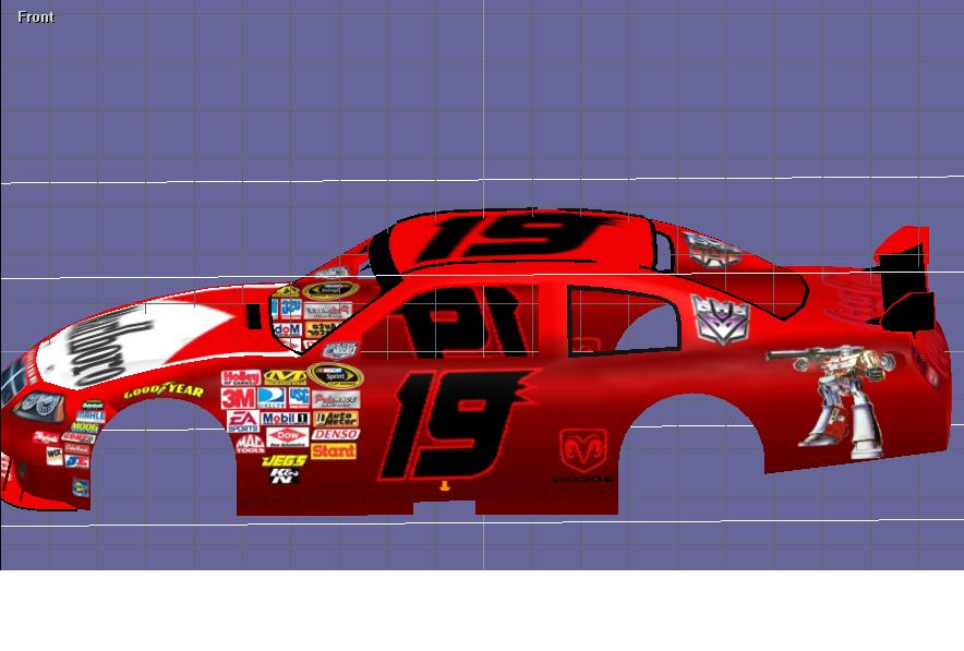 Red race car with number 19 and sponsor decals, side view