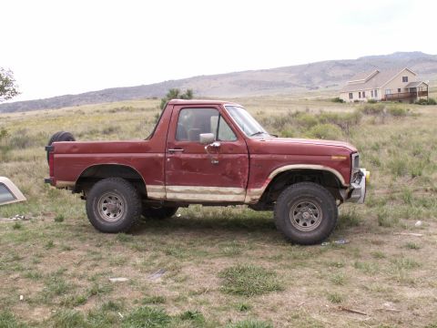 1986 Ford Bronco - This red SUV, likely from the early 1980s, is seen parked in a grassy field with a house and hills in the background.