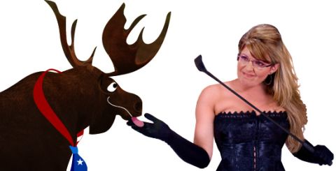 2000 Ford Crown Victoria - A cartoon moose wearing a red ribbon and a blue tie with a white star is being fed by a woman in a black corset and gloves, holding a ridin…