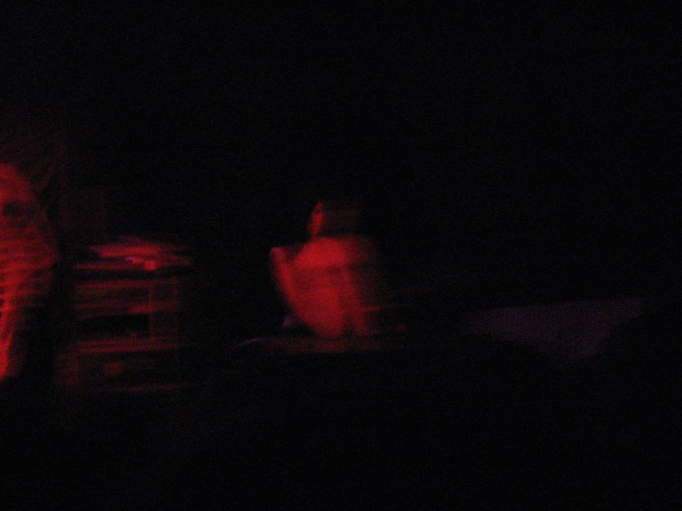 Dark blurry low-light scene with red tones and indistinct shapes