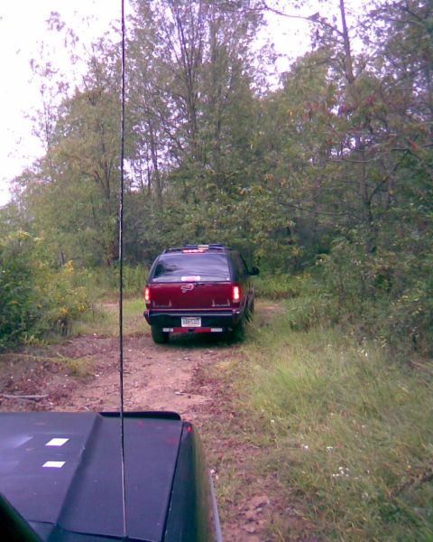 1988 Ford Bronco - The rear of a dark red SUV is visible on a dirt path surrounded by trees. The vehicle has a license plate that reads "JHR-5321".