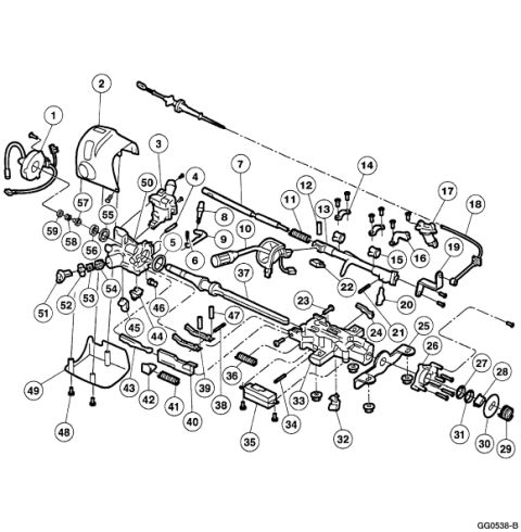 2007 Ford Mustang - Exploded parts breakdown drawing of a steering column assembly with numbered callouts for each component (GG0538-B).