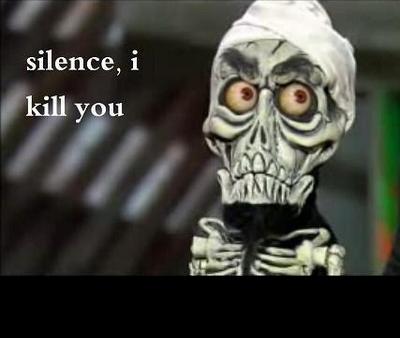 1988 Mercury Grand Marquis - A puppet with a skull face and text overlay reads 'silence, i kill you'.