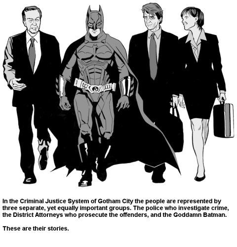 1988 Mercury Grand Marquis - Batman walks with two lawyers in a black and white illustration.