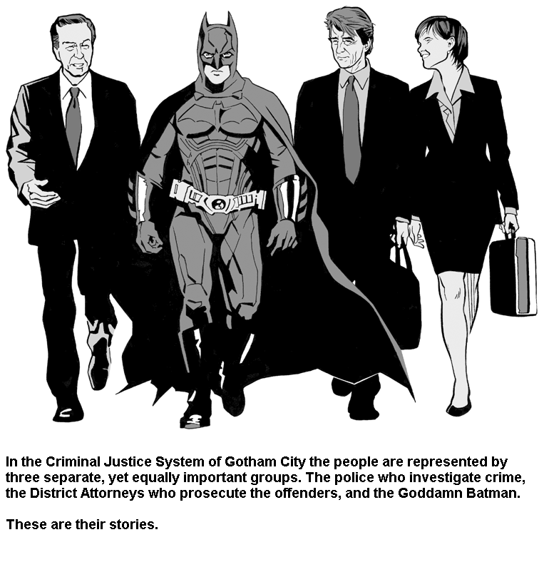 Batman and two lawyers walking, black and white illustration