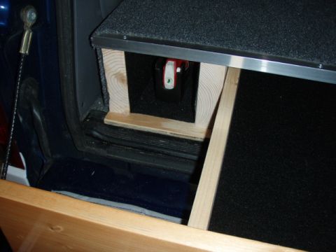1996 Ford Bronco - I used a slightly lighter, and cheaper, outdoor carpeting for the drawers and side bins. This bin holds my extinguisher. I'll get a bigger,…