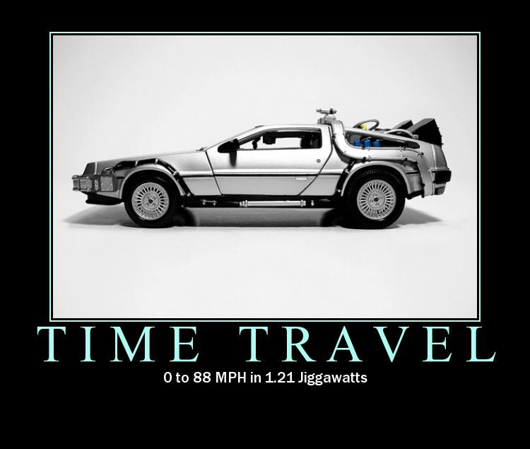 DeLorean time machine from Back to the Future, with text 'TIME TRAVEL' and '0 to 88 MPH in 1.21 Jiggawatts'