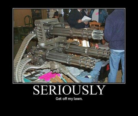 1988 Mercury Grand Marquis - A minigun is displayed, with the text 'SERIOUSLY Get off my lawn.'