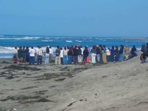 1988 Ford Bronco - A crowd of roughly thirty people in jackets and sweatshirts stands together on a wide sandy beach facing the breaking surf, some with hands…