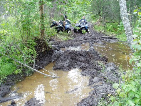 2000 Ford E350 - Two ATVs traverse a challenging muddy path through a wooded area, encountering significant water and mire.