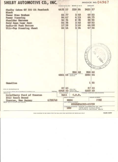 1968 Shelby GT500 - Dealer invoice for a Shelby Cobra GT 500 KR Fastback, dated July 1, 1968, from Shelby Automotive Co., Inc.