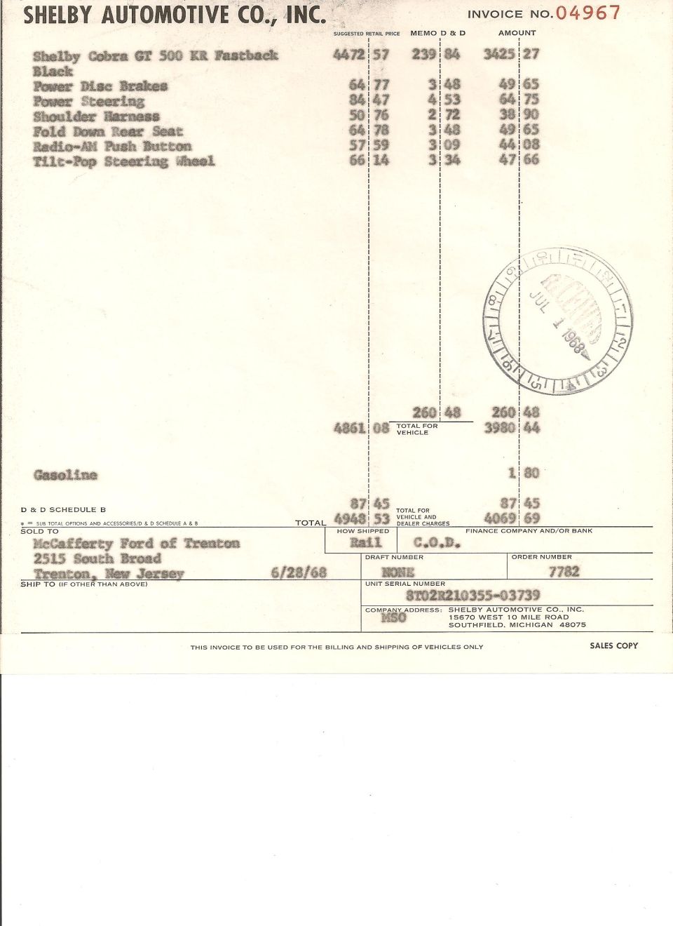 Shelby Cobra GT 500 KR Fastback dealer invoice dated July 1, 1968