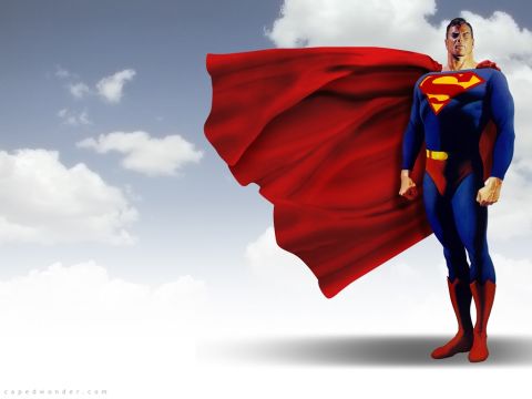 1988 Mercury Grand Marquis - Comic-art wallpaper illustration of Superman standing against a blue sky with clouds, red cape billowing to the left, credited to capedwond…