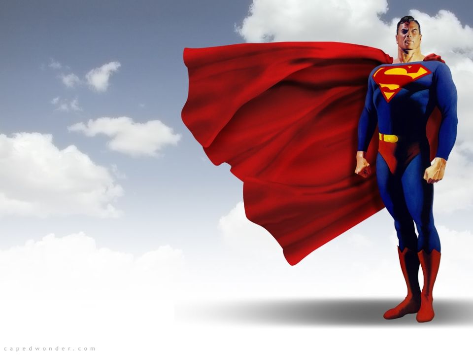 Superman illustration with billowing red cape against a cloudy sky