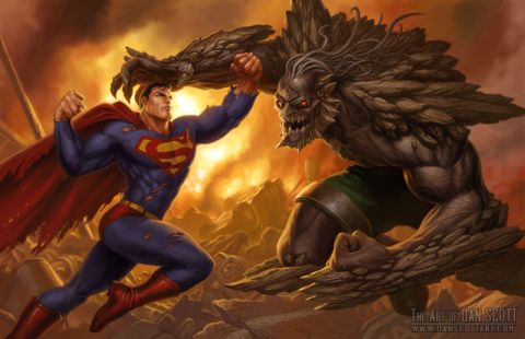 1988 Mercury Grand Marquis - Superman and Doomsday engage in a fierce battle amidst a desolate, fiery landscape.