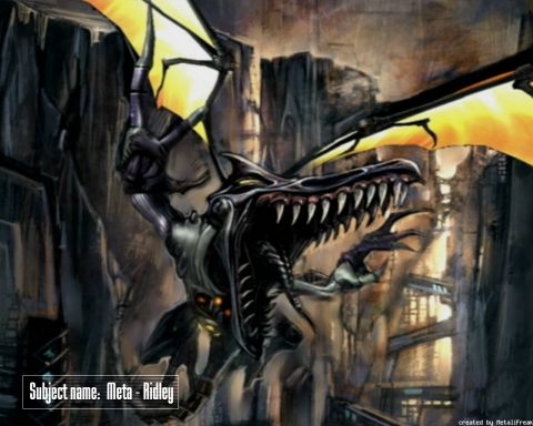 1988 Mercury Grand Marquis - Illustration of Meta Ridley, a dragon-like creature with large wings and sharp teeth, against a dark, industrial background.