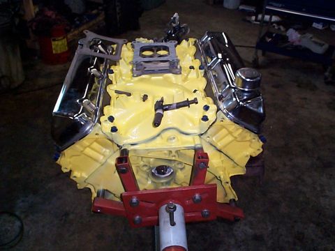 1978 Ford Bronco - Engine block on stand, ready for rebuild. Chrome valve covers are installed.