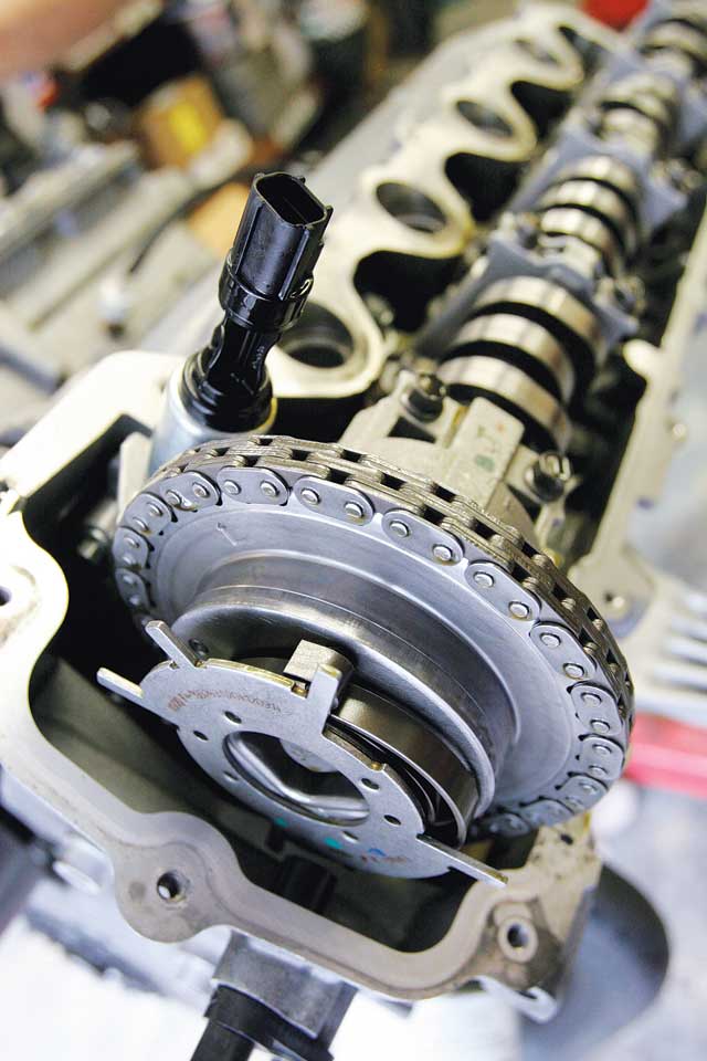 Close-up of engine timing chain and camshaft
