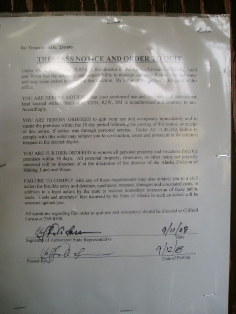 2000 Ford E350 - A trespass notice and order to quit document with dates 9/11/08 and 9/12/08 is shown.