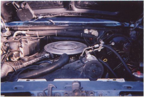 1986 Ford Bronco - The engine bay of a vehicle is shown with various mechanical parts and hoses.