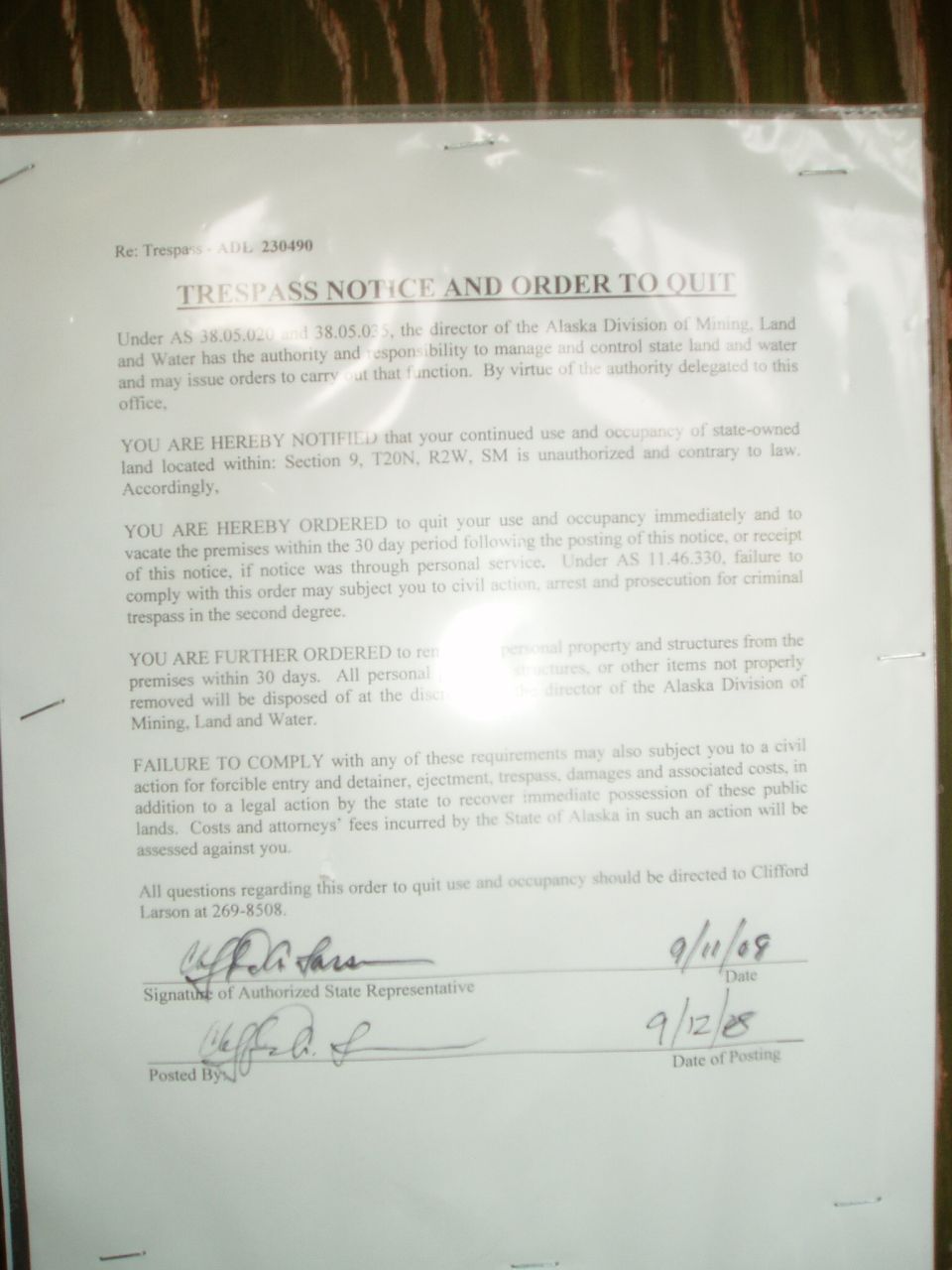 Document titled TRESPASS NOTICE AND ORDER TO QUIT with signatures and dates