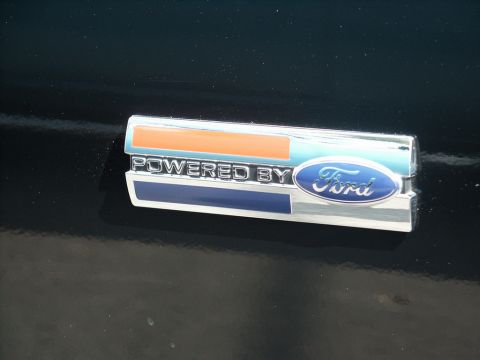 2001 Mercury Grand Marquis - Close-up of a "Powered by Ford" emblem on a dark surface.