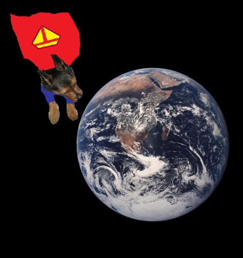 1988 Mercury Grand Marquis - A dog wearing a red cape with a yellow symbol and blue pants floats in space next to the planet Earth.