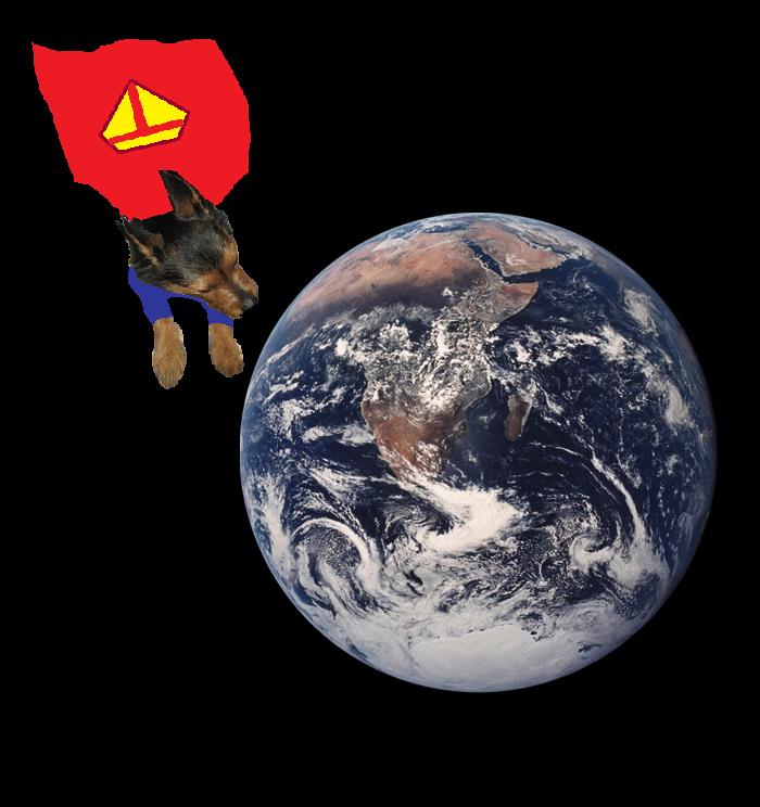 Dog in a superhero costume floating in space near Earth.