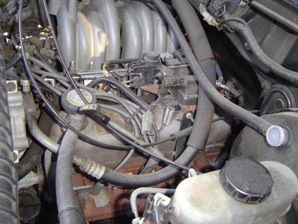 Engine bay close-up: silver upper intake manifold, yellow oil fill cap, throttle cables, brake reservoir