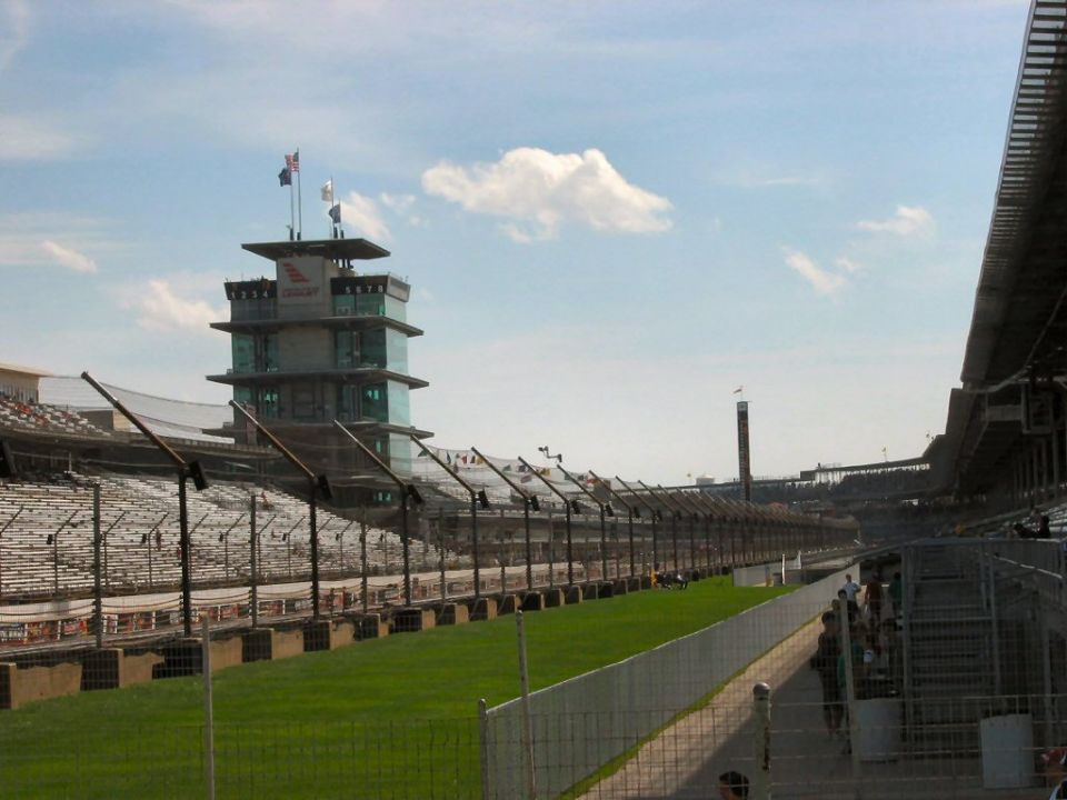 Indianapolis Motor Speedway pagoda timing tower beside the main straight