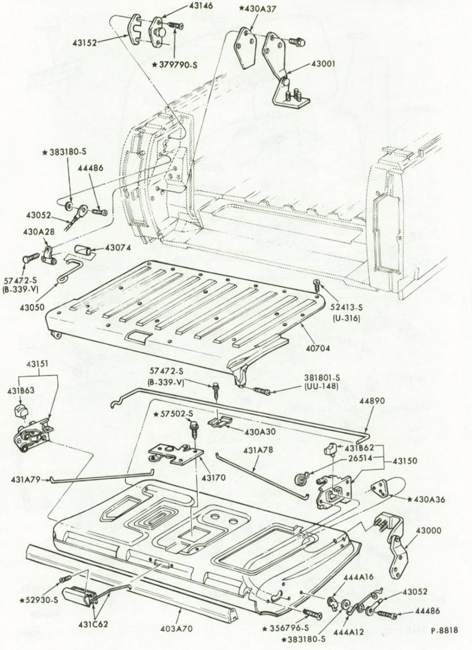 Black-and-white parts diagram of a truck bed and tailgate assembly
