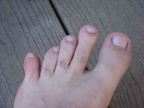 1948 Jeep Wrangler - A close-up view of a human foot with visible toenails and skin texture, set against a wooden background with a website watermark.