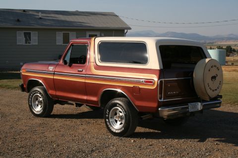 1979 Ford Bronco - This 1978 Ford Bronco features a distinctive stripe pattern and a spare tire mounted on the tailgate.