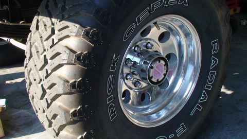 1979 Ford F-250 - This image shows a close-up of the wheel and tire assembly on a 1979 Ford F-250, highlighting the BFGoodrich Radial T/A tires and chrome wh…