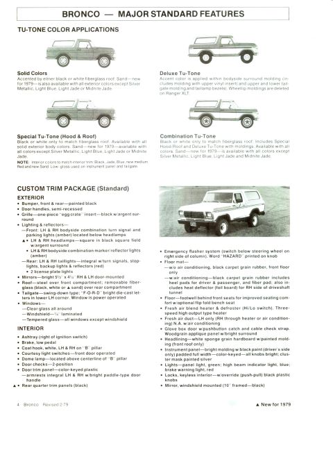 1979 Ford Bronco - This document details the "Bronco - Major Standard Features" including exterior and interior options for the 1979 model year.