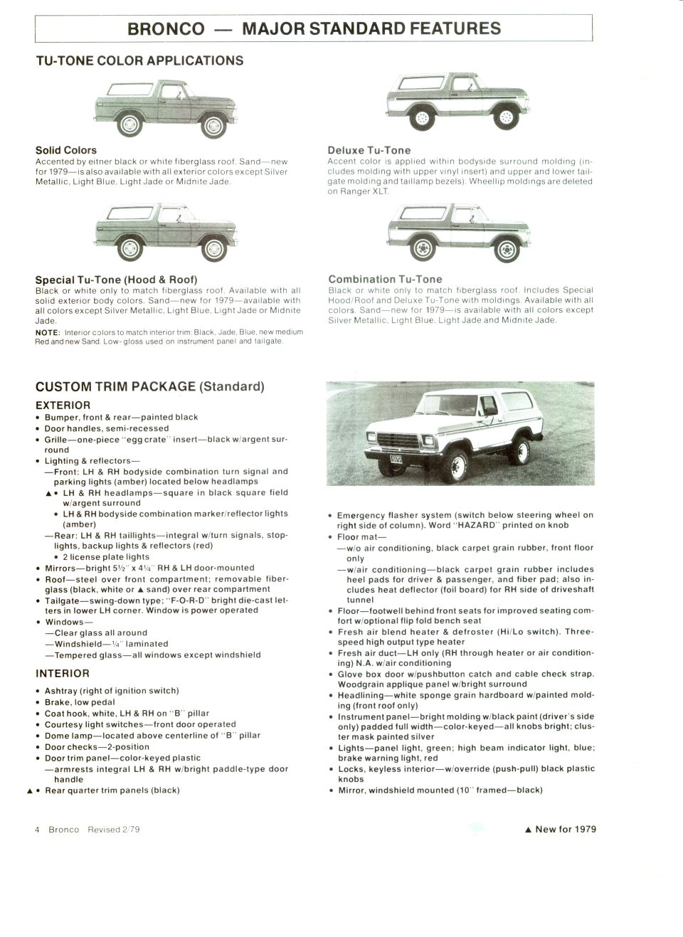 1979 Bronco brochure page on Tu-Tone paint schemes and the standard Custom Trim Package