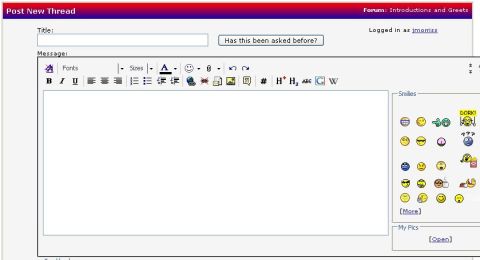 2001 Ford F-150 - A screenshot of a forum's 'Post New Thread' page, showing the message editor with various formatting options and a selection of emoticons.
