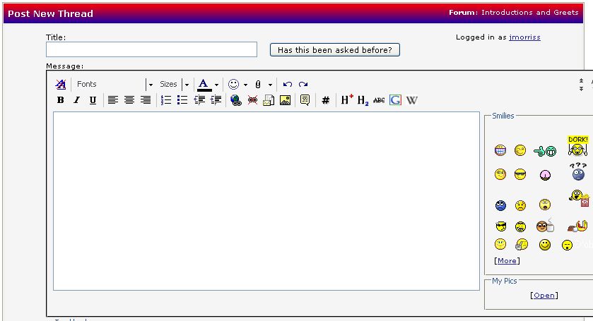 Forum post-new-thread screenshot with empty editor, toolbar and smilies panel
