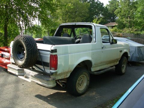 1993 Ford Bronco - Rear view of a white 1993 Ford Bronco, its iconic spare tire mount.