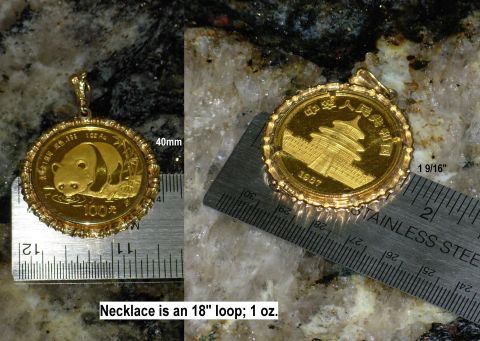 2004 Land Rover Land Rover - Gold panda coin pendant with measurements and descriptive text.