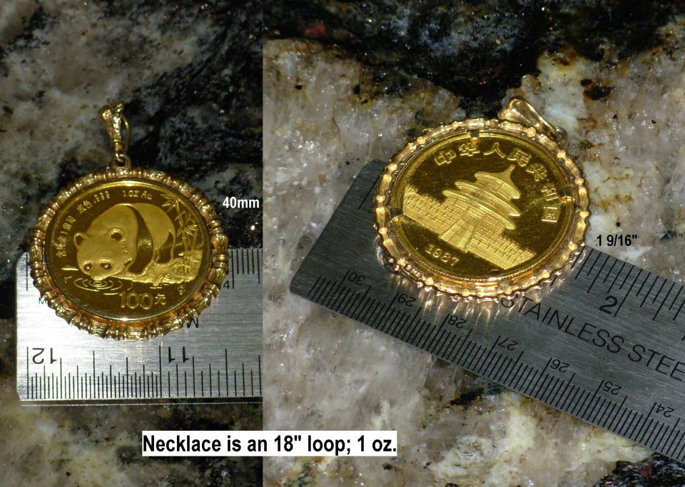 Gold panda coin pendant next to rulers, showing 40mm and 1 9/16" measurements. Text reads 'Necklace is an 18" loop; 1 oz.'