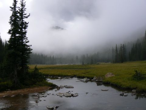2006 Ford E350 - A foggy mountain scene with a stream flowing through a grassy meadow.